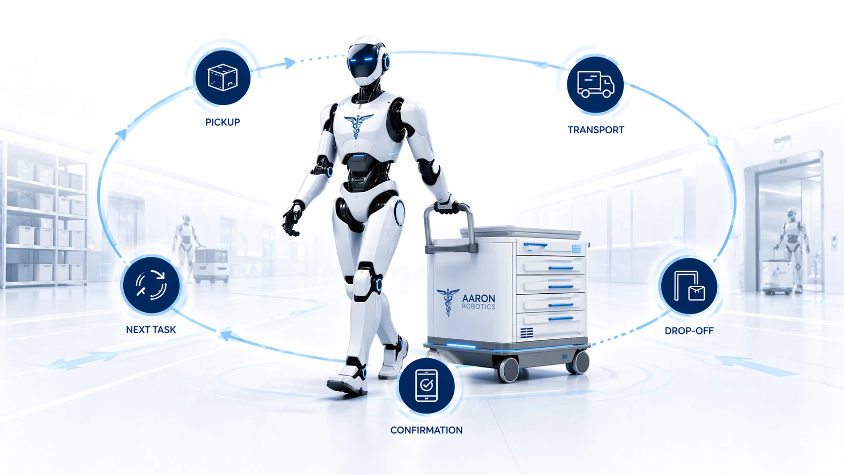 Concept illustration of an Aaron humanoid completing pickup, transport, drop-off, confirmation and next-task logistics