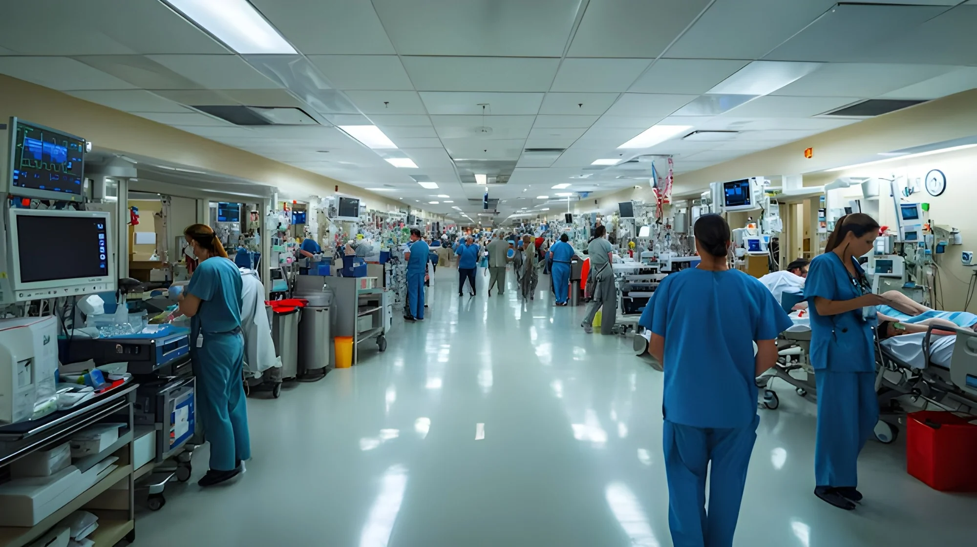 Busy hospital care floor with clinical staff and equipment