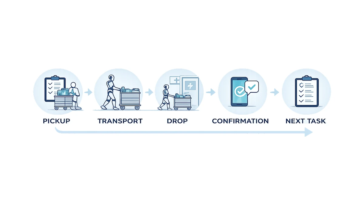 Aaron logistics loop showing pickup, transport, drop, confirmation and next task